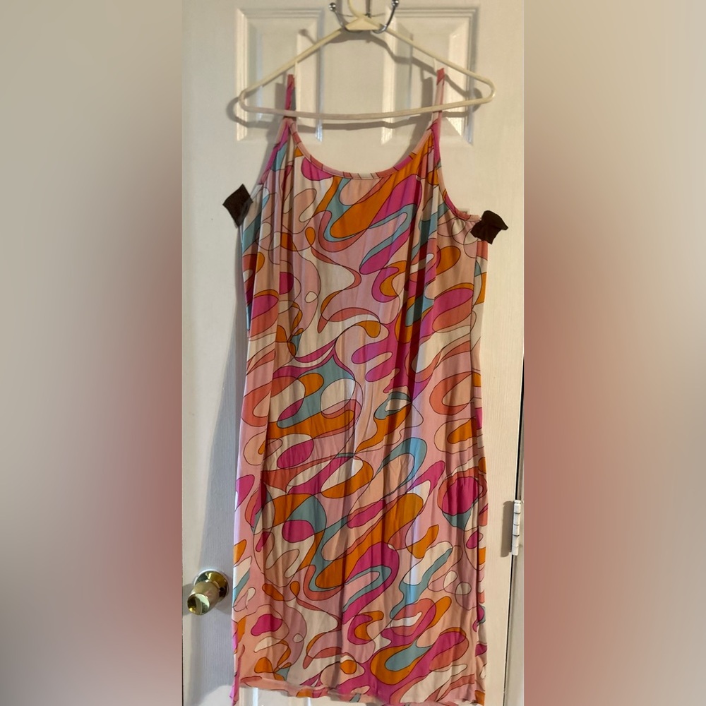 Pink Spaghetti strap sun dress. Swirly multicolored design